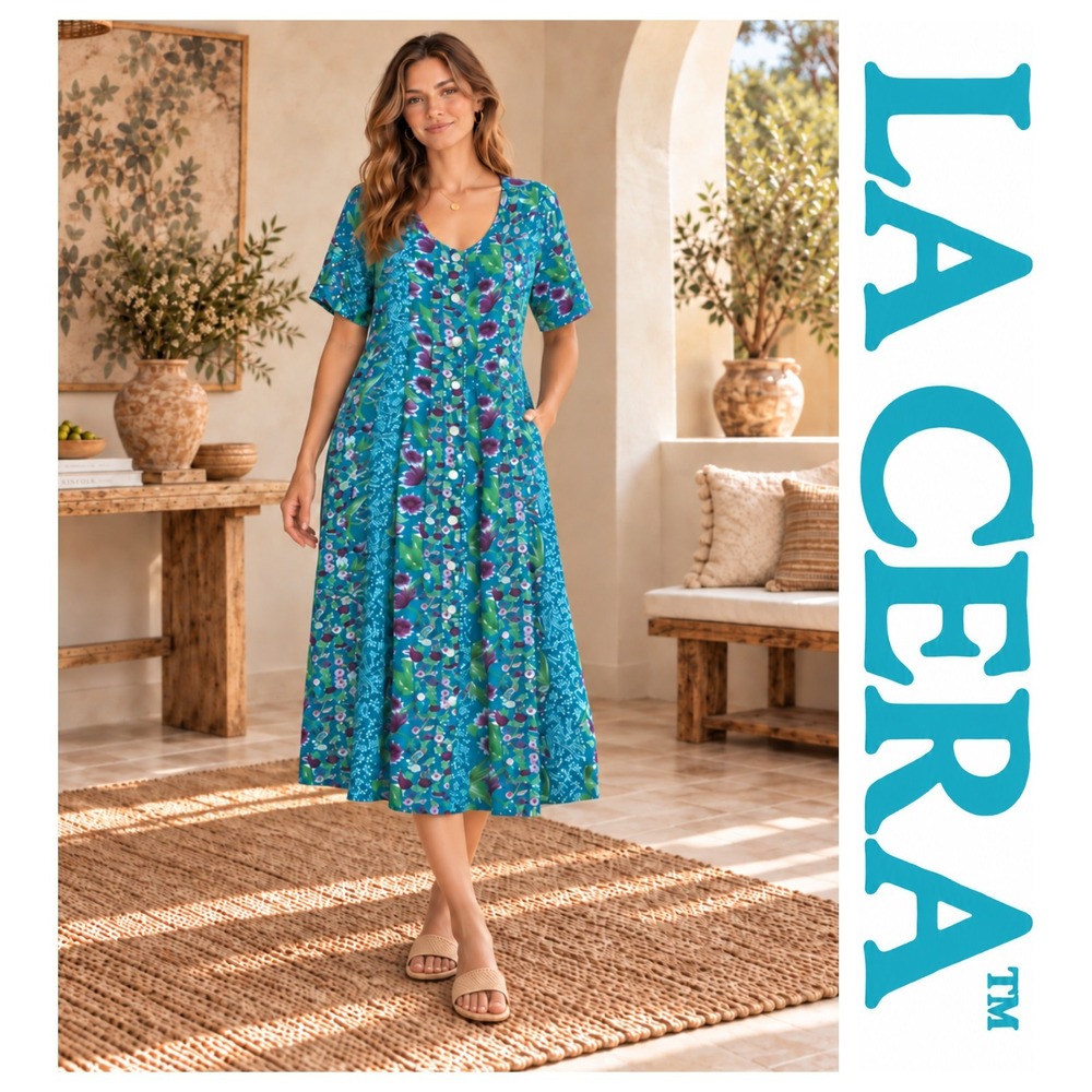 LA Cera Vtg Teal Purple Floral Oversized Button Front Pockets Boho Midi Dress L